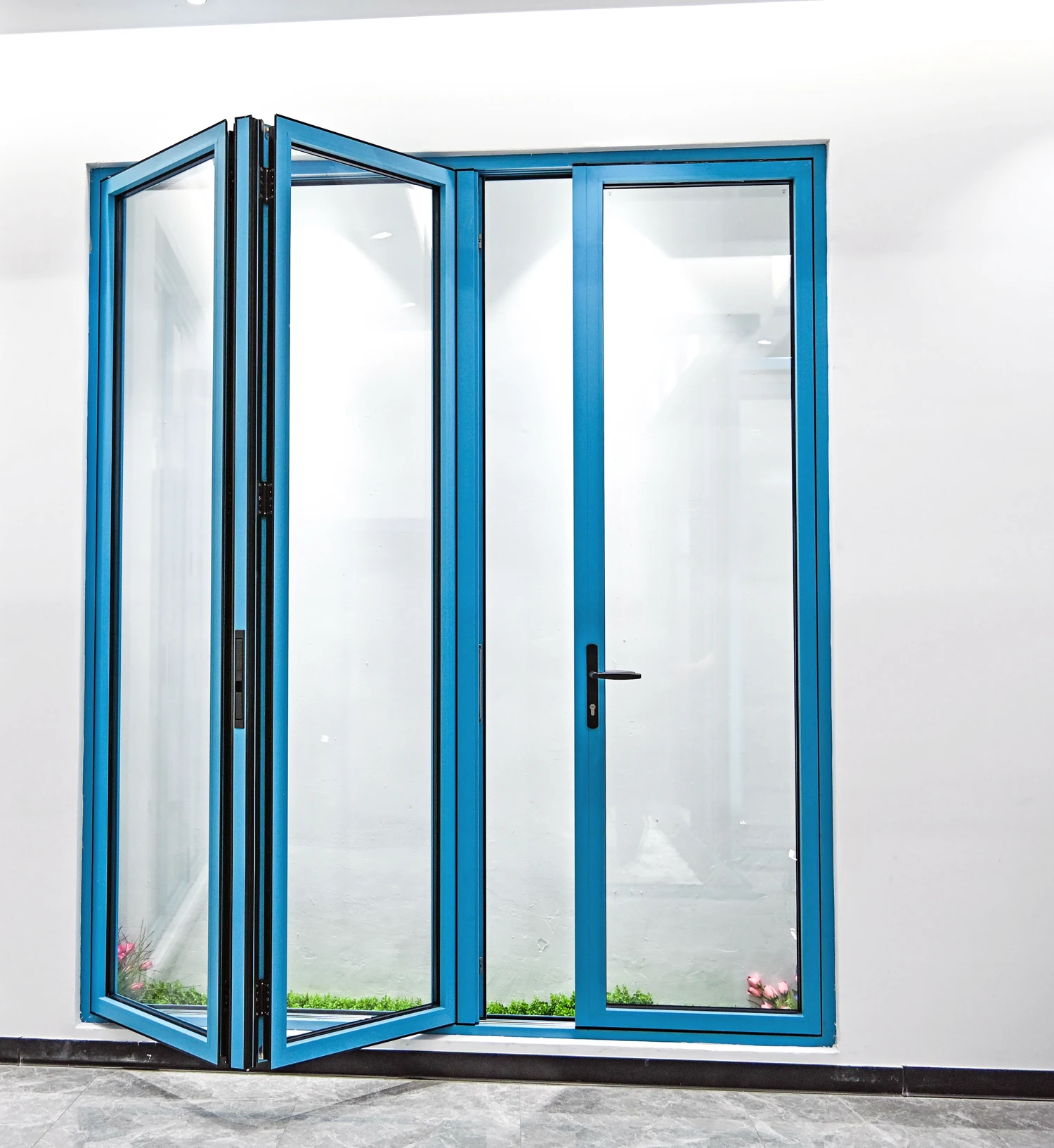 Blue framed folding glass door