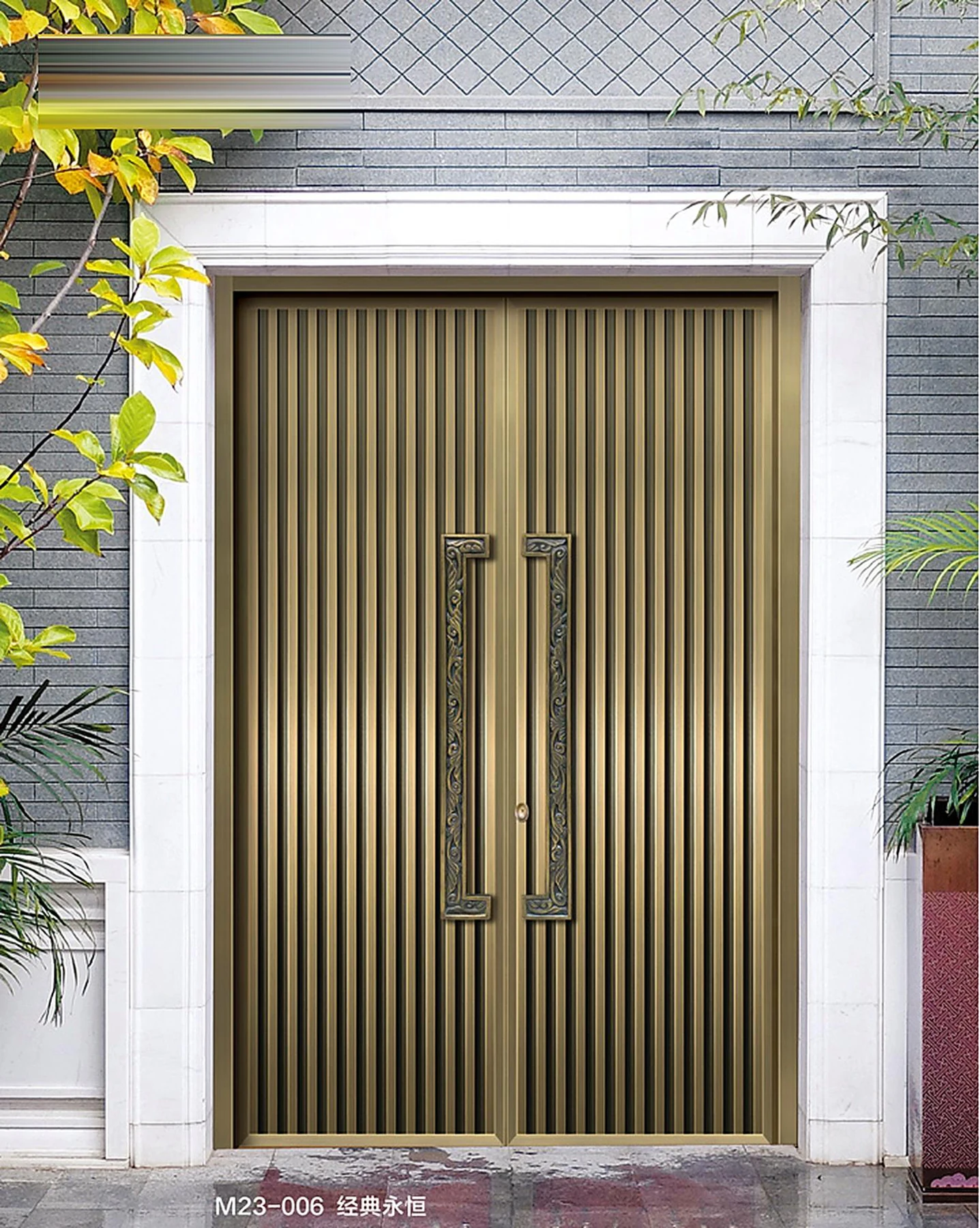 Fluted entrance with metallic accents