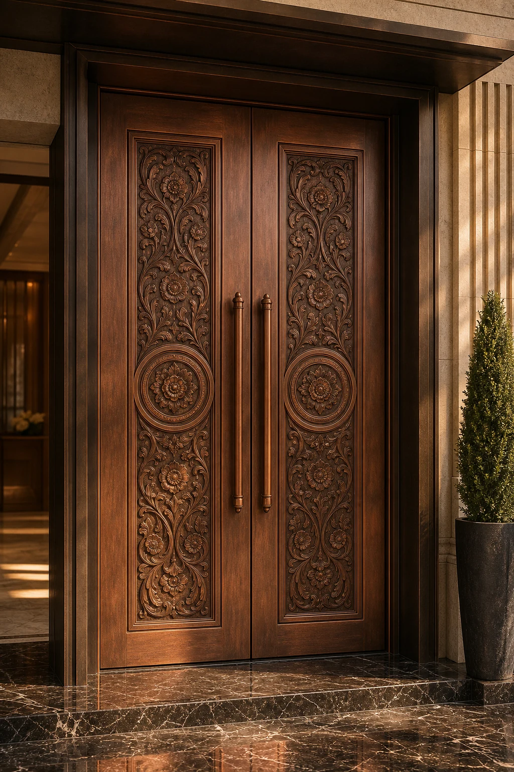 Copper entrance design with decorative relief