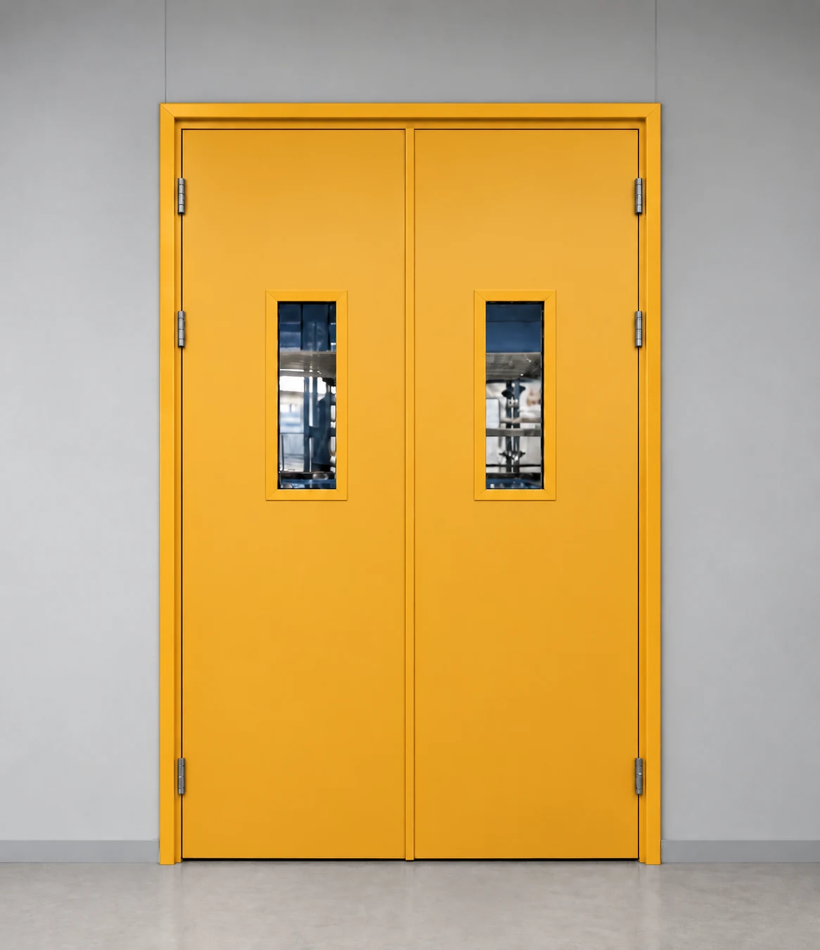 Orange-yellow double-leaf door with narrow vision panels