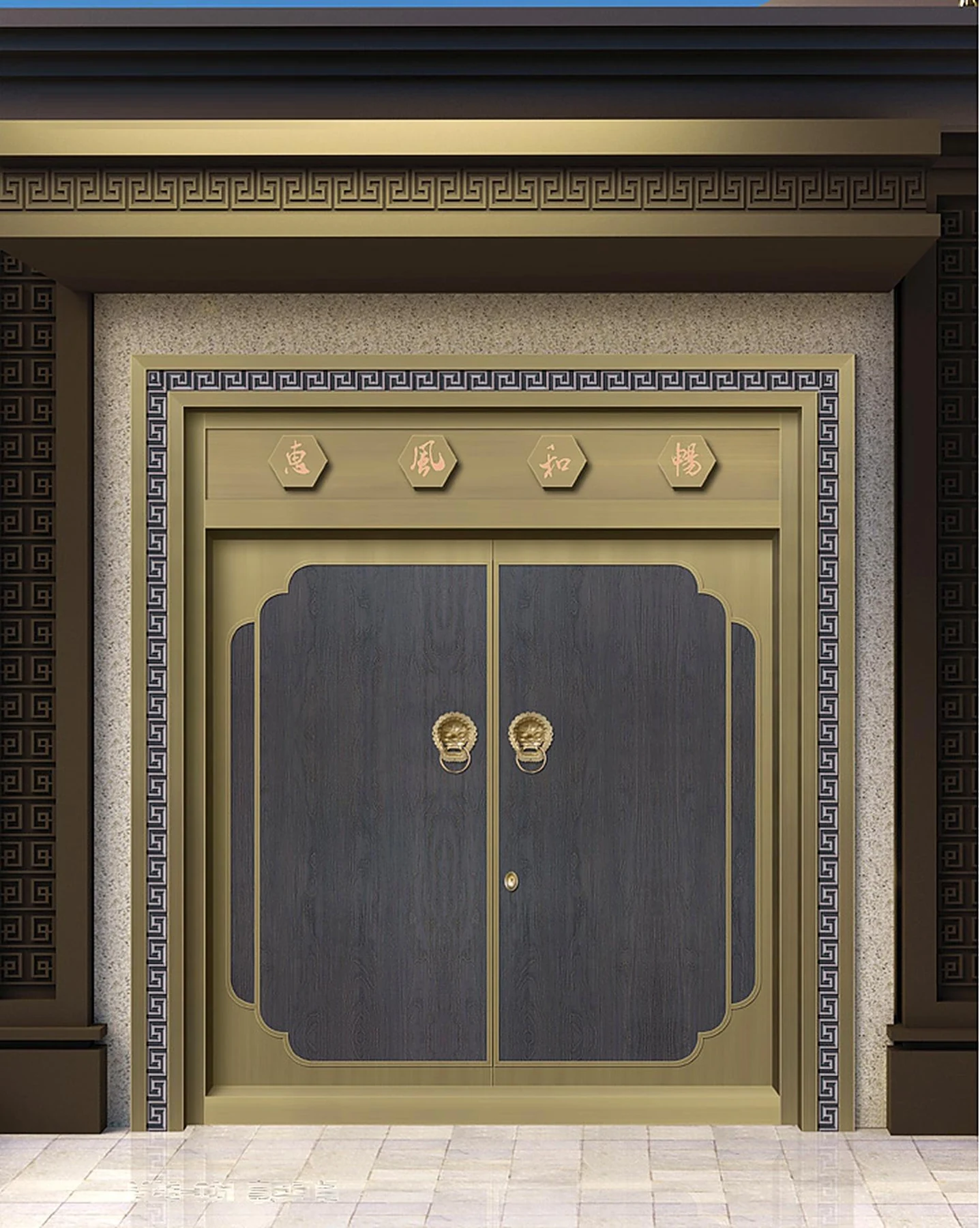 Gold-studded framed copper entrance