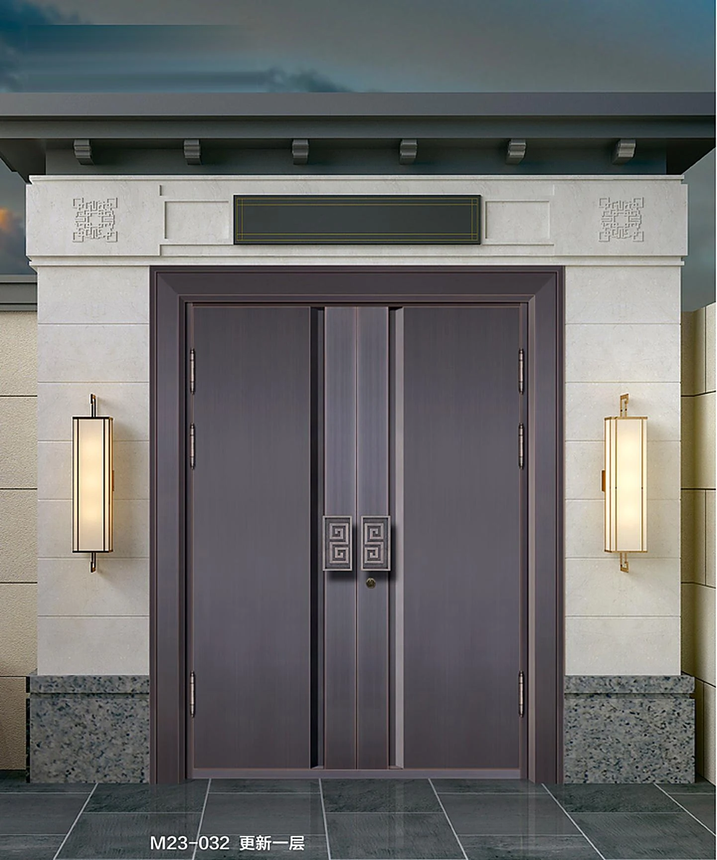 Dark minimal copper entrance in stone surround