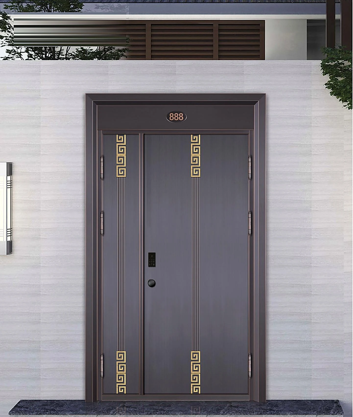 Minimal copper entrance with gold linework