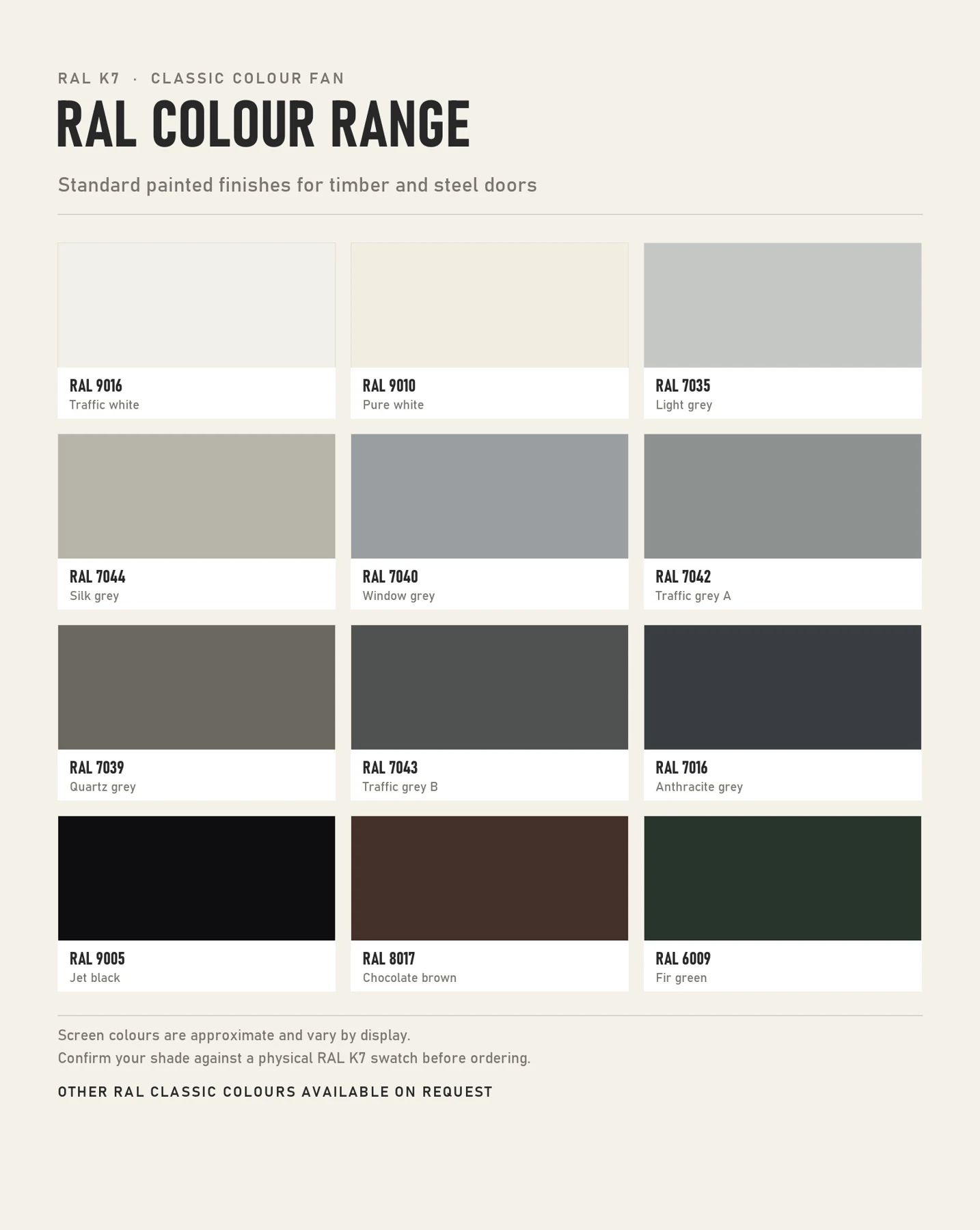 Twelve supplied RAL colour reference codes for painted finishes