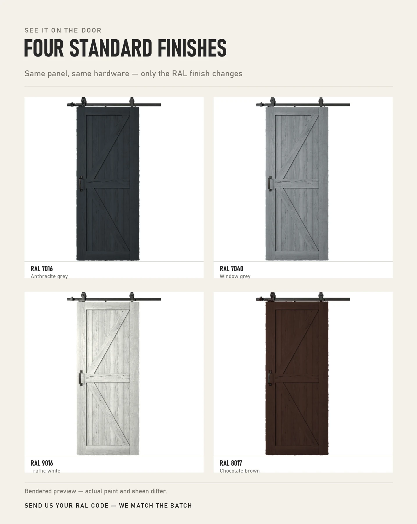 Illustrative barn-door colour comparison: RAL 7016, 7040, 9016 and 8017