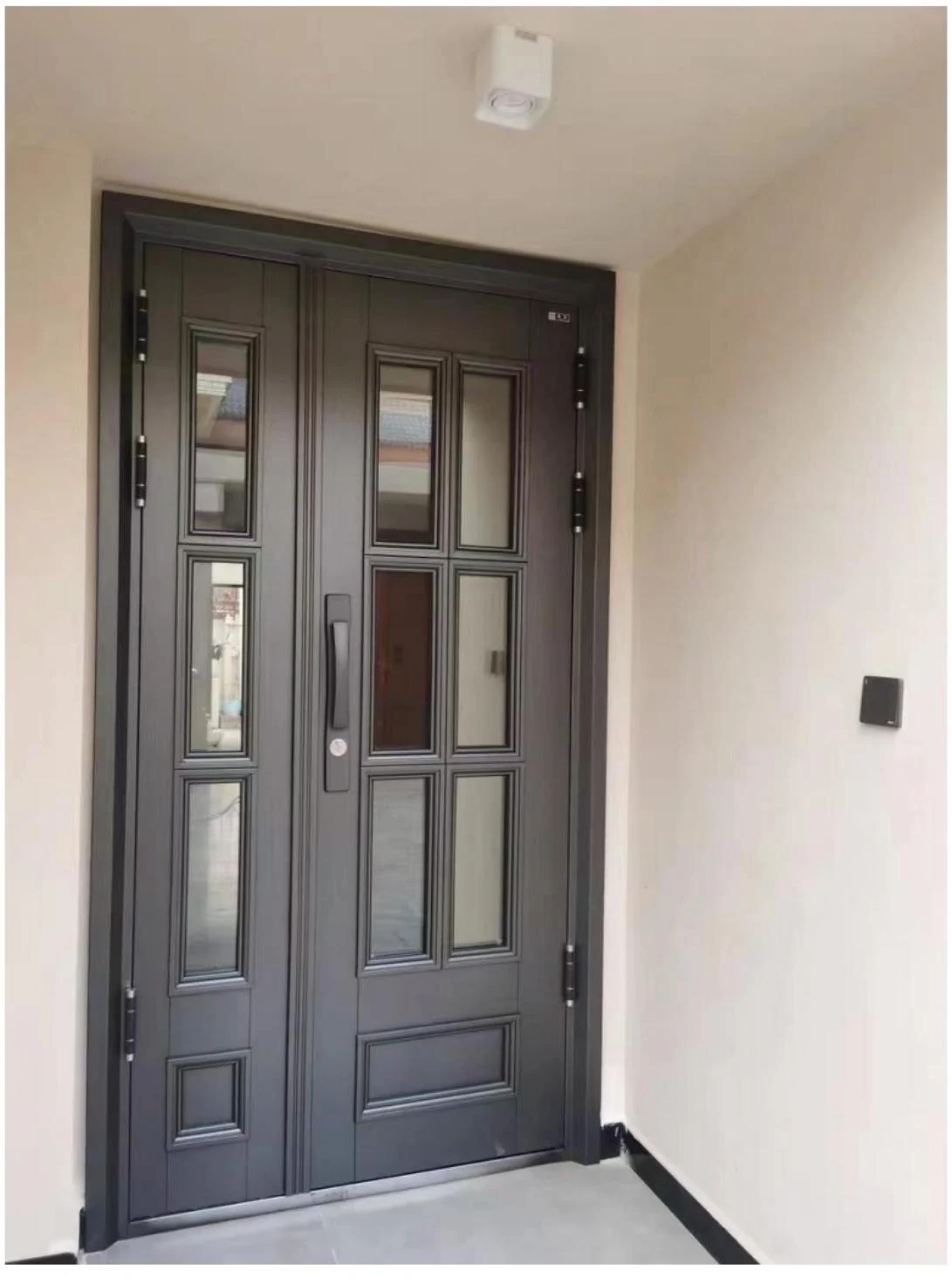 Dark glazed double entrance with panelled base