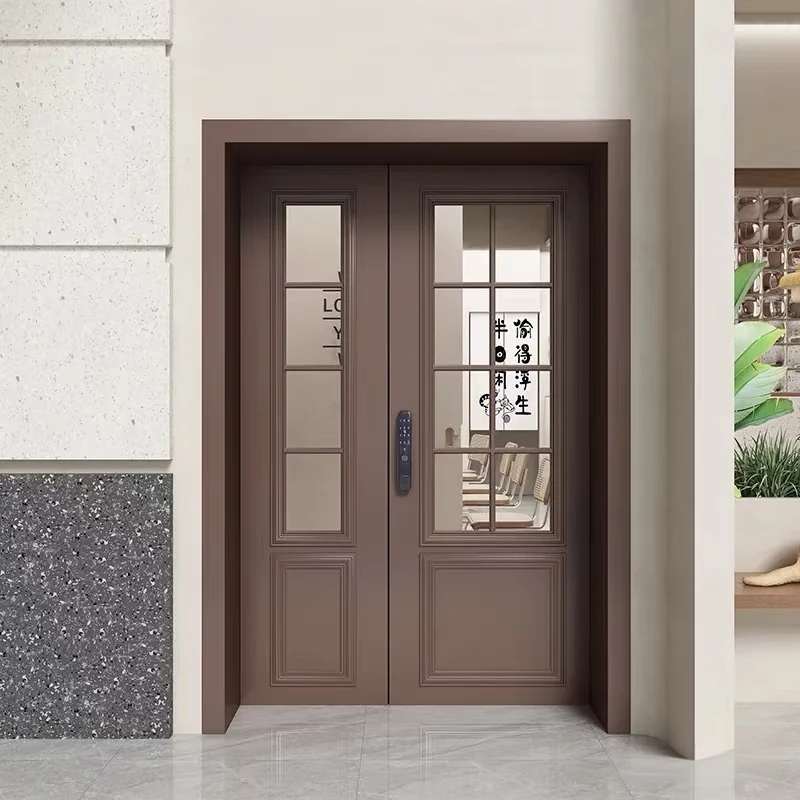 Warm brown panel-and-glass double entrance